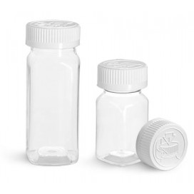 4oz Clear PET Square Bottles With White Child Resistant Caps