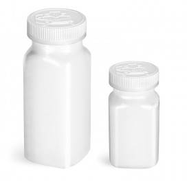 2oz White PET Square Bottles w/ White F217 Lined Child Resistant Caps