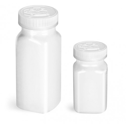 2oz White PET Square Bottles w/ White F217 Lined Child Resistant Caps 2oz White PET Square Bottles w/ White F217 Lined Child Resistant Caps