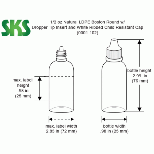 1/2 oz Natural LDPE Bottles w/ Dropper Tip Inserts and Ribbed Child Resistant Caps