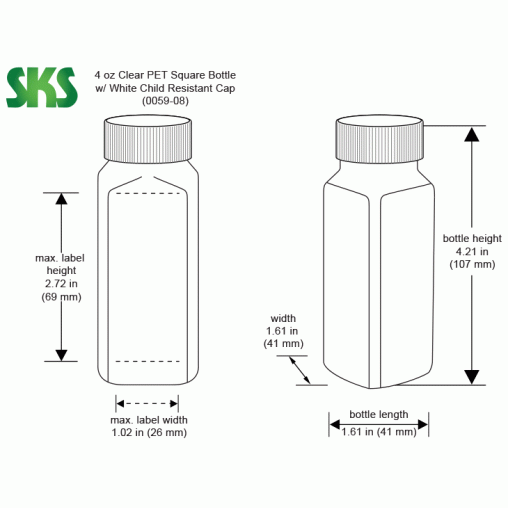 4oz Clear PET Square Bottles With White Child Resistant Caps