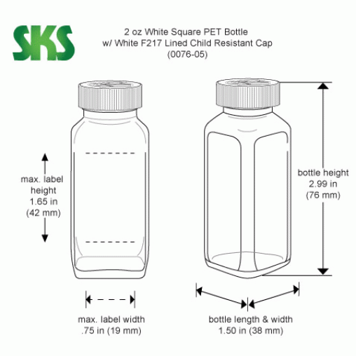 2oz White PET Square Bottles w/ White F217 Lined Child Resistant Caps 2oz White PET Square Bottles w/ White F217 Lined Child Resistant Caps