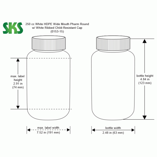250cc White HDPE Wide Mouth Pharmaceutical Bottles w/ White Child Resistant Caps