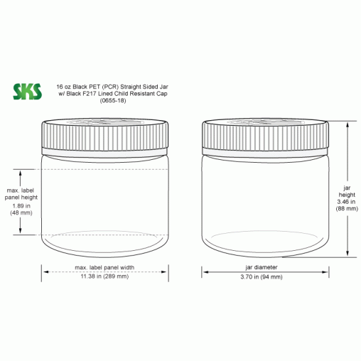 16oz Black PET Straight Sided Jars w/ Lined Child Resistant Caps