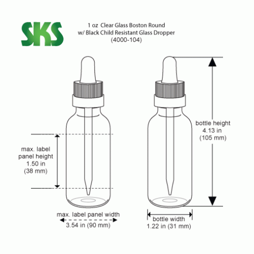 1 oz Glass Bottles w/ Black Child Resistant Glass Droppers